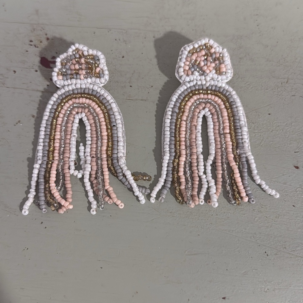 Elegant Beaded Dangle Earrings - White, Pink, Gold